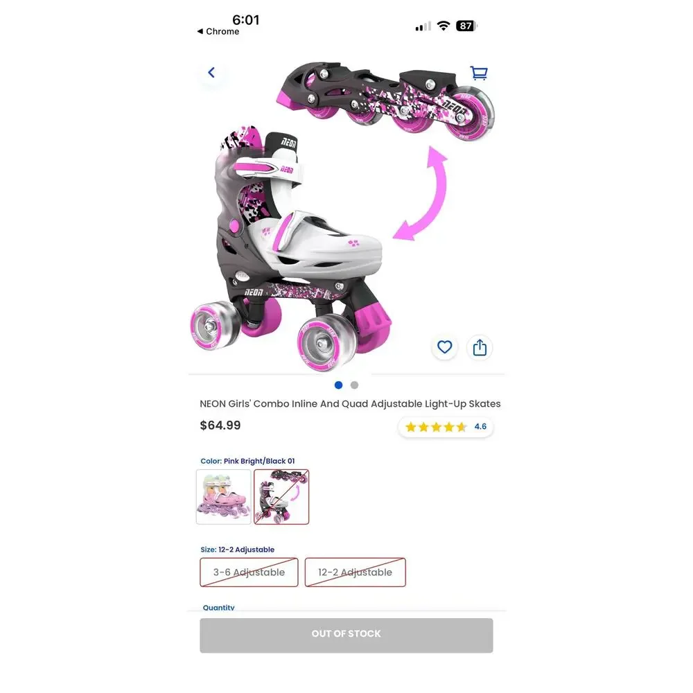 Neon Girl’s Combo Inline & Quad Adjustable Light-Up Skates Size 12-2